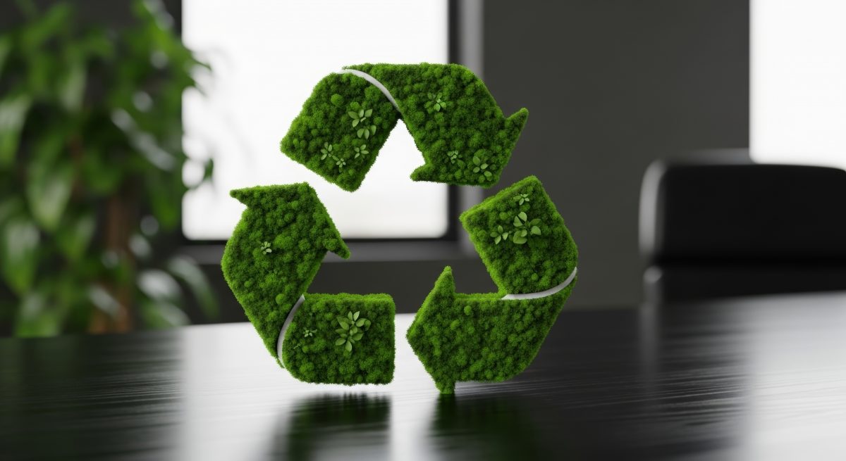 Symbol recyklace pokrytý zeleným mechem, stojící na černém stole v moderní kanceláři se zelení v pozadí.