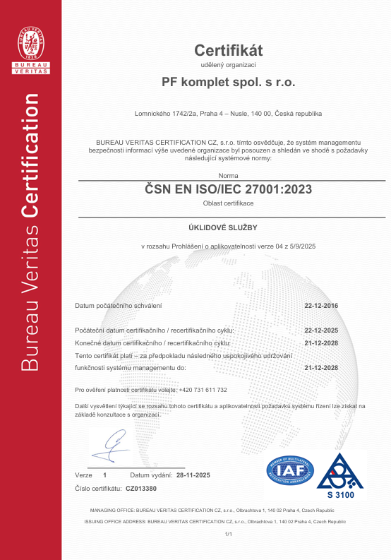 Certifikát ISO/IEC 27001:2023 společnosti PF komplet spol. s r.o.