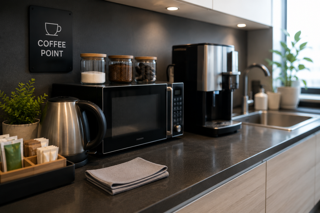 Detail čistého kancelářského coffee pointu s kávovarem, mikrovlnnou troubou, rychlovarnou konvicí a upravenou pracovní plochou.